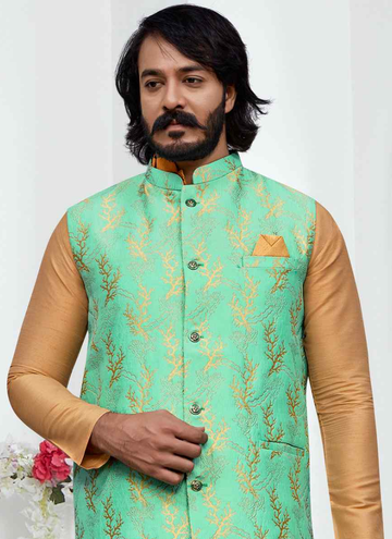 Light Green Jacket With Cream Woven Art Silk Kurta Set